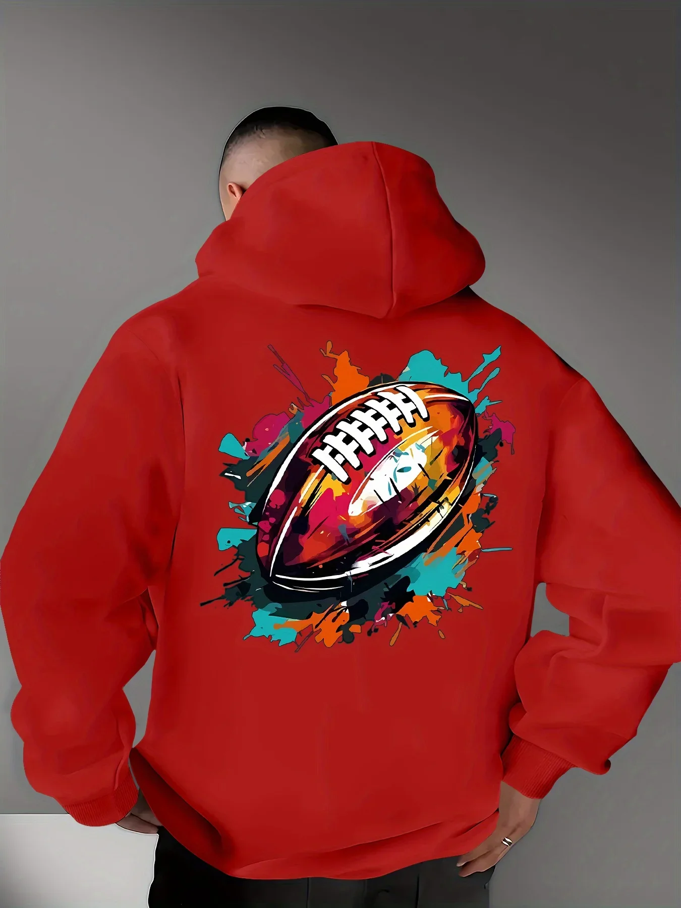 Men Street Graffiti Hoodie Color Splash American Football Graphic Autumn Winter Fleece Lined Loose Pullover Hooded Sweatshirt