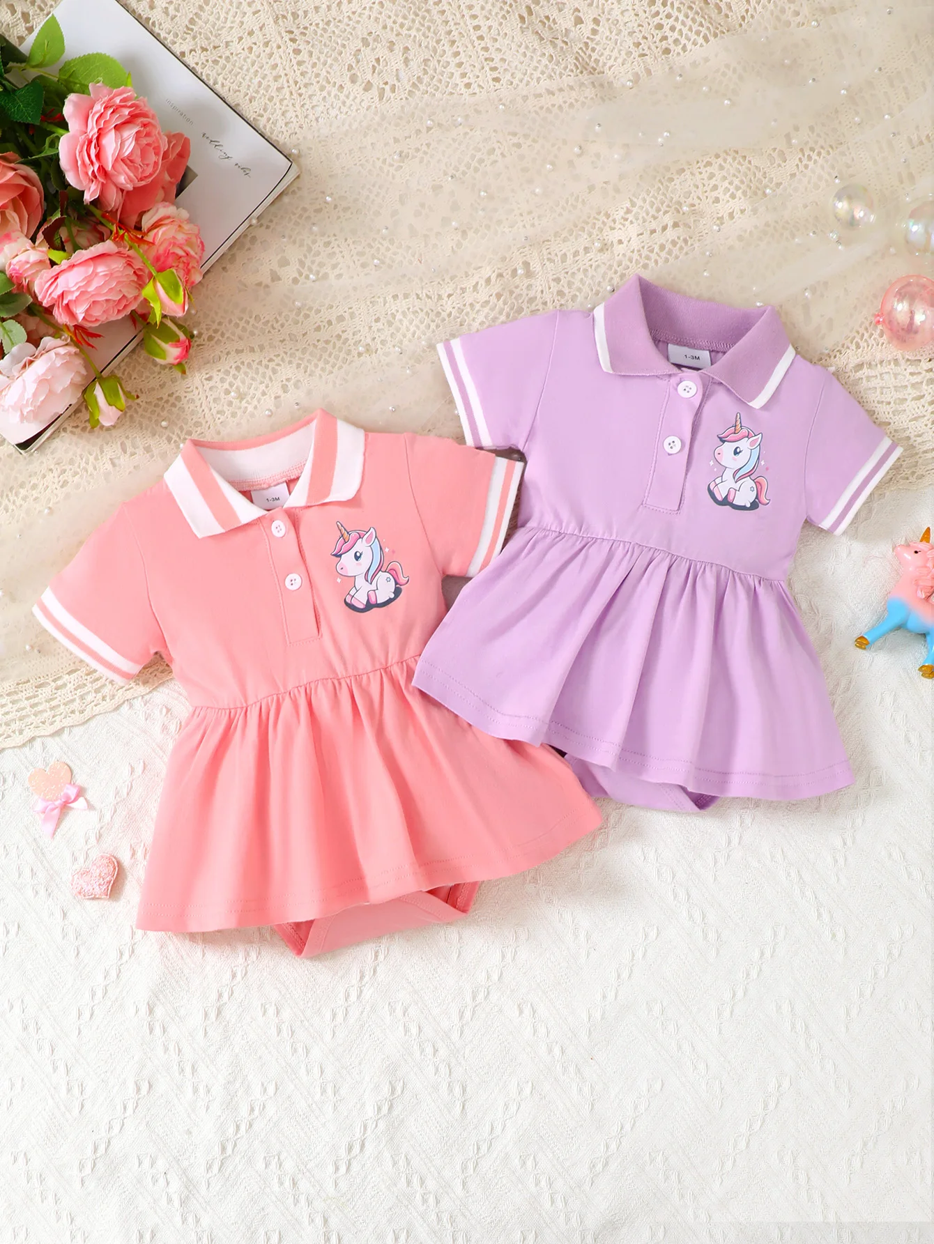 Baby Girl's Polo Collar Romper Set Short Sleeve Outfit with Skirt Patchwork Design Cute Horse Print Casual Sporty Style Two-Piec