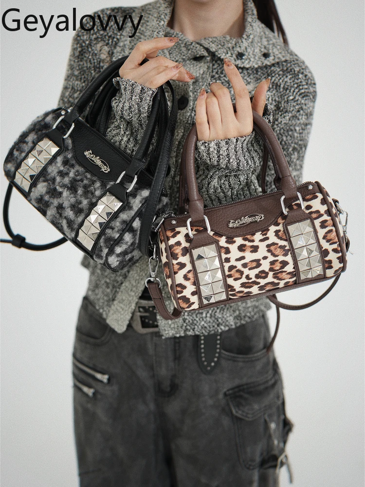 Original Heavy-duty Rivet Autumn Winter Women's Handbags Plush Retro Boston Pillow Handheld Shoulder Crossbody Bag Femme