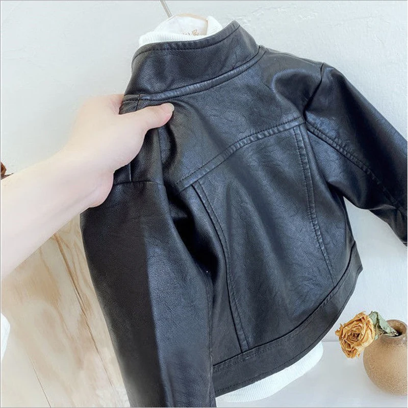 2024 Spring Autumn Children Turtleneck Leather Coats Korean Version Baby Boys Girls Casual Motorcycle Leather Jacket Outwear