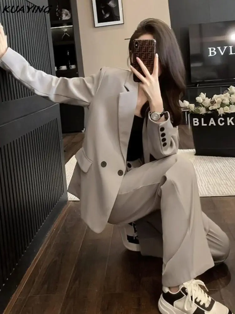 Women Chic Blazer High Waist Straight Pants Suits Vintage Solid Long Sleeve Office Lady 2 Pieces Sets Female Fashion Clothes