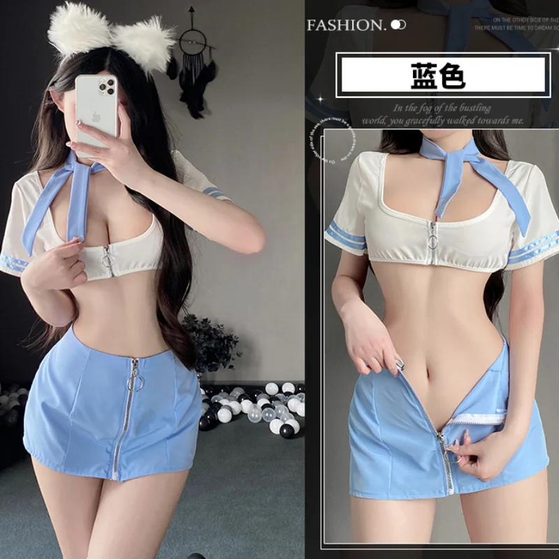 Japanese Flight Attendant Student Temptation Zip Fastener Undress Skirt School Girl Uniform Cosplay Costumes Sweet Sexy Lingerie