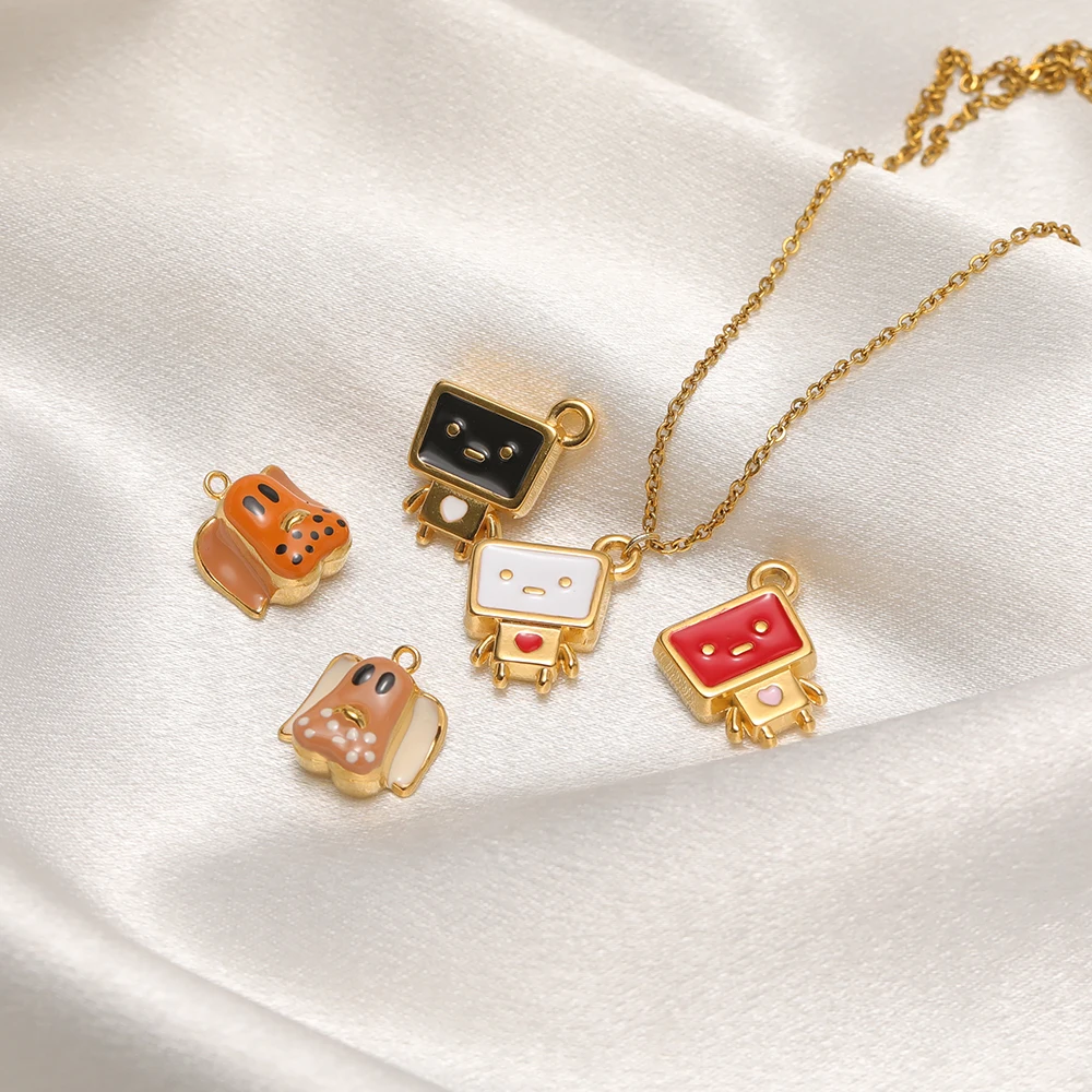 4 Stück Edelstahl-Emaille-Anhänger mit Cartoon-Hund- und Roboter-Motiven für DIY-Kinderschmuck, Armbandherstellung, Halskettenanhänger, Ohrringzubehör – Detail 4