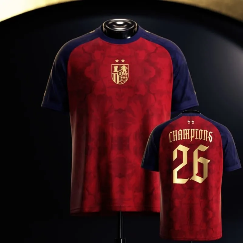 2026 New Spain Champions Commemorative Jersey  Gold-Detail 2-Star Crest Quick-Dry Short-Sleeve Sports T-Shirt for Men and Women