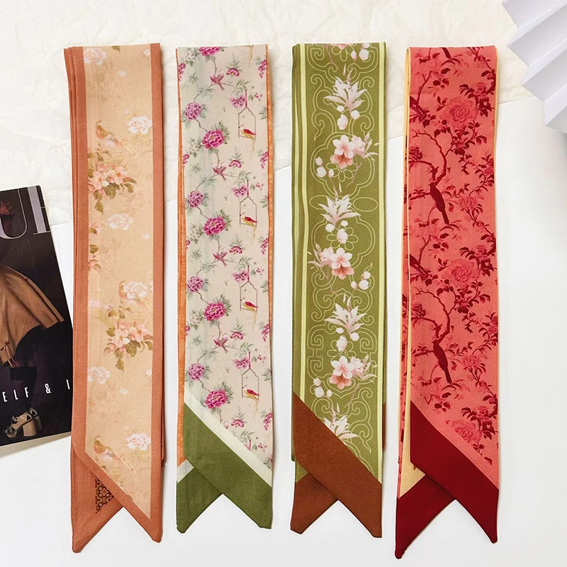 

2026 Spring Brand Flowers Silk Satin Scarf for Women Luxury Bag Handle Ribbon Hair Skinny Silk Scarves Summer Lady Headband