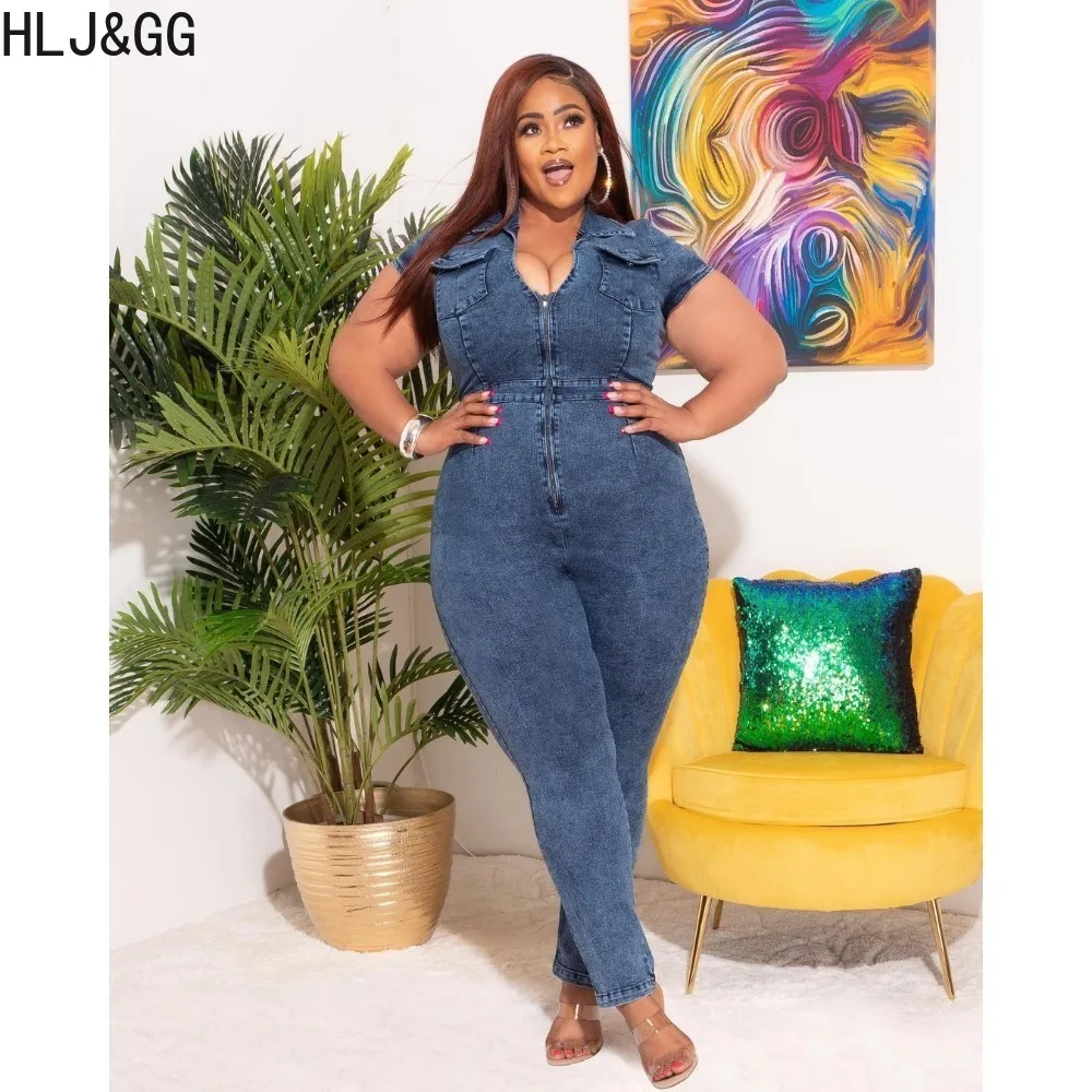 HLJ&GG Dark Blue Plus Size Solid Zipper Bodycon Jumpsuits Women Turndown Collar Elasticity Skinny Pants Playsuits Female Overall