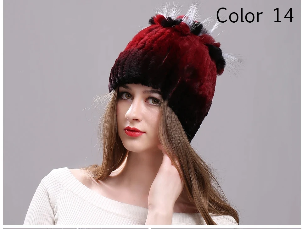 Strickmütze für Damen, 100 % echte Rex-Kaninchenfellmütze mit Blumen, Oberteile, warme, hochwertige Beanie-Damenmütze aus echtem Pelz für den Winter – Detail 35