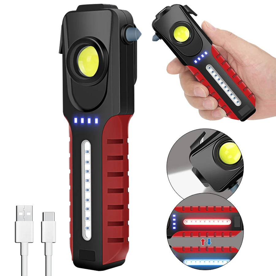 Super Bright LED Flashlight With Side Light USB Rechargeable Multifunctional Flashlight Portable Magnetic Torch Safety Hammer