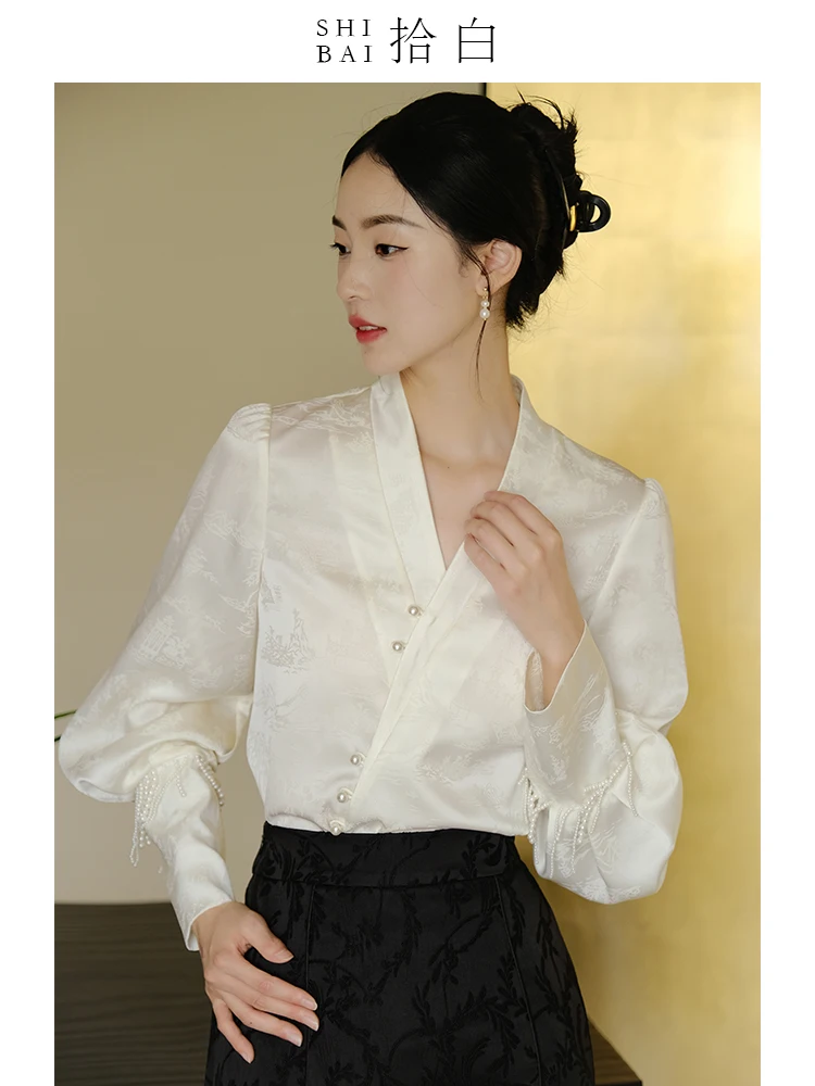 

ibai Оригинальный дизайн, новая женская блузка в китайском стиле с длинным рукавом, вышивкой из ацетата, улучшенным воротником, традиционный топ Ханьфу