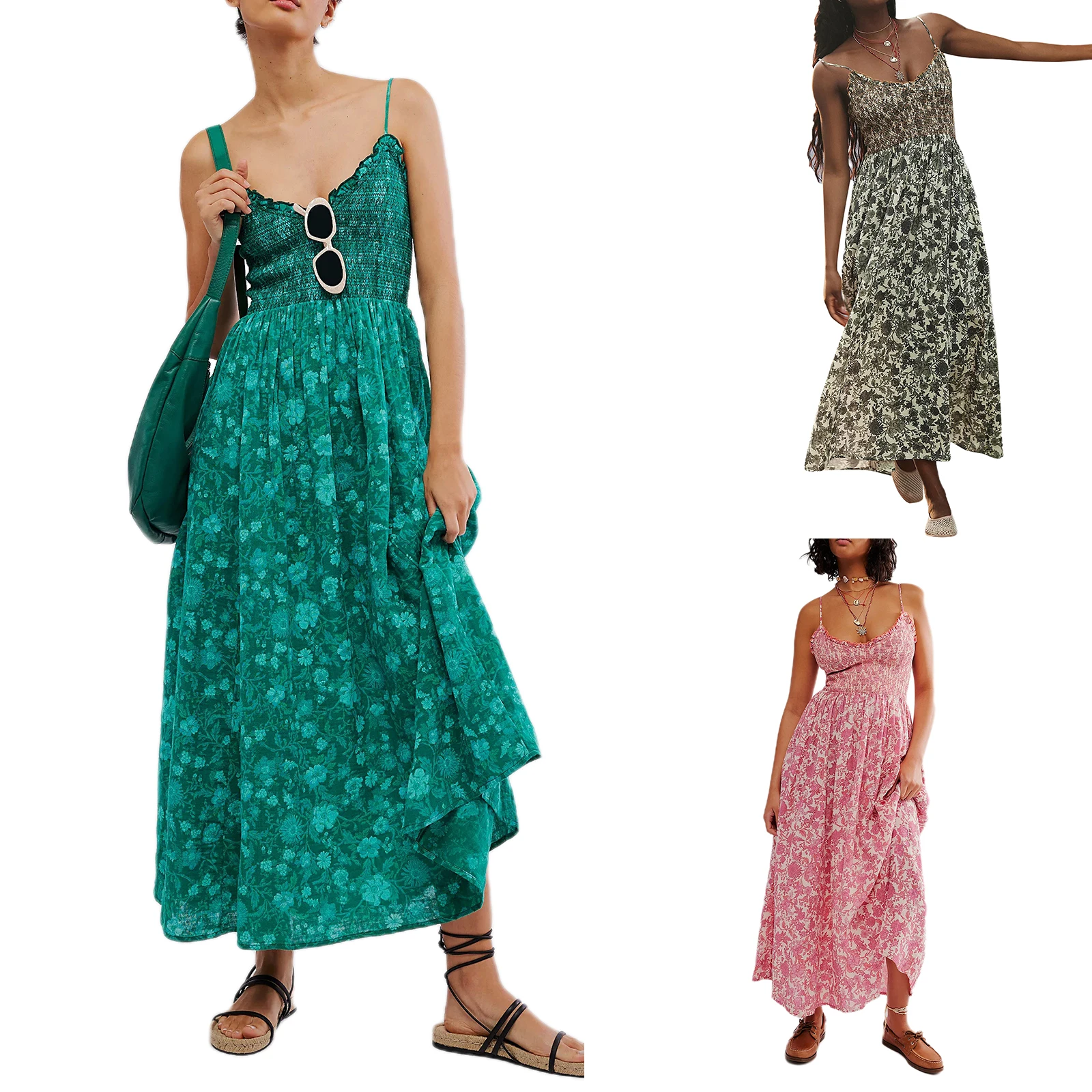 Abito lungo Boho floreale estivo da donna senza maniche con scollo a V e scollo a V senza spalline abito lungo da spiaggia con scollo a barchetta