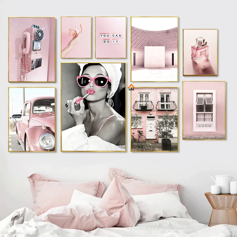 Luxe Parfum Vrouwen Roze Vintage Auto Telefoon Poster Decoratieve Schilderijen Canvas Muurkunst Foto 'S Woonkamer Badkamer Decor