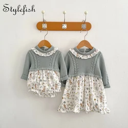 Spring and autumn baby girls and toddlers fashion knitting splicing printing long sleeve romper sisters dress+long sleeve skirt