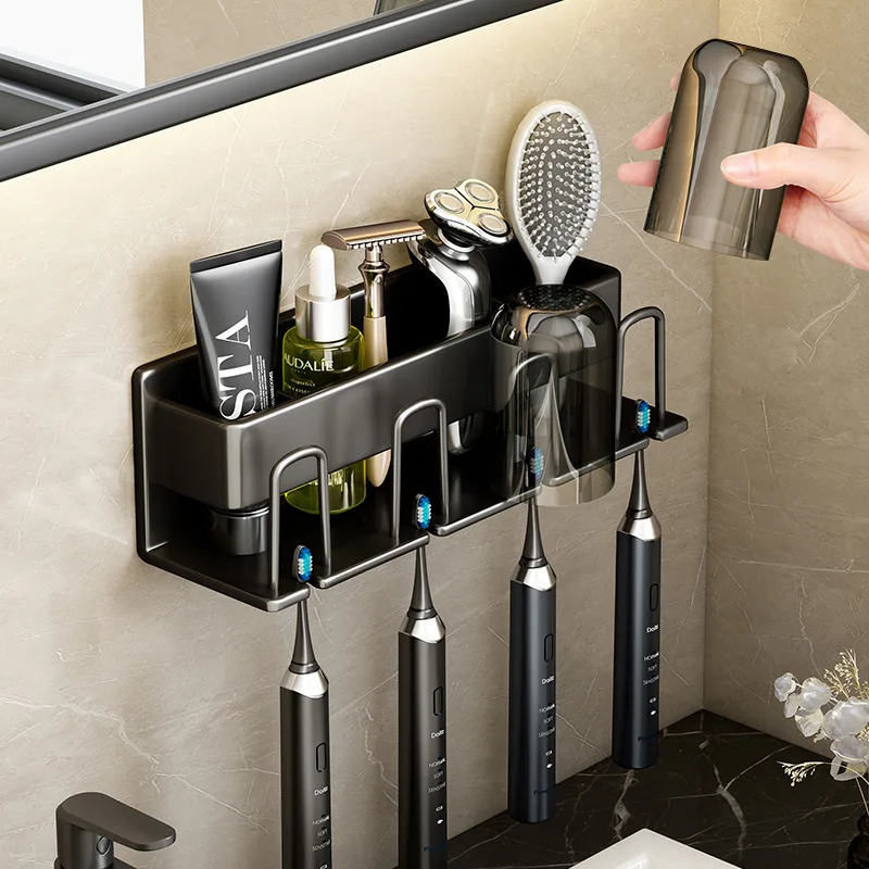 Aluminum Punch Free Wall Mounted Electric Toothbrush Holder Toothpaste Cup Storage Hook Bathroom Accessories Organizer