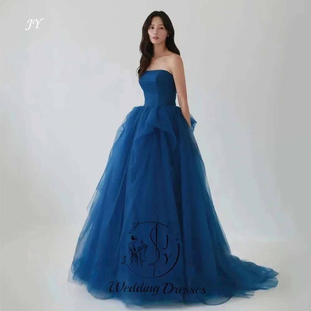 JY Customized Simple Blue Tulle Strapless Evening Dresses Sleeveless Tiered Draped Pleat With Sweep Train Formal Gala Prom