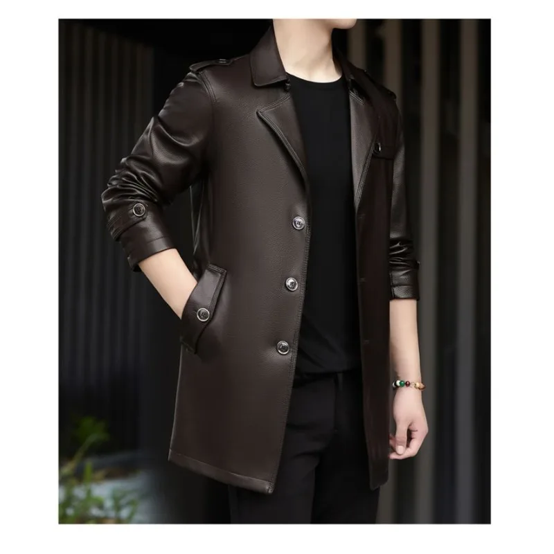 سترة جلدية راقية لعام 2026 بدلة رجالية من الصوف السميك المتوسط والطويل معطف خندق 100% سترة من جلد البقر للرجال بلون سادة