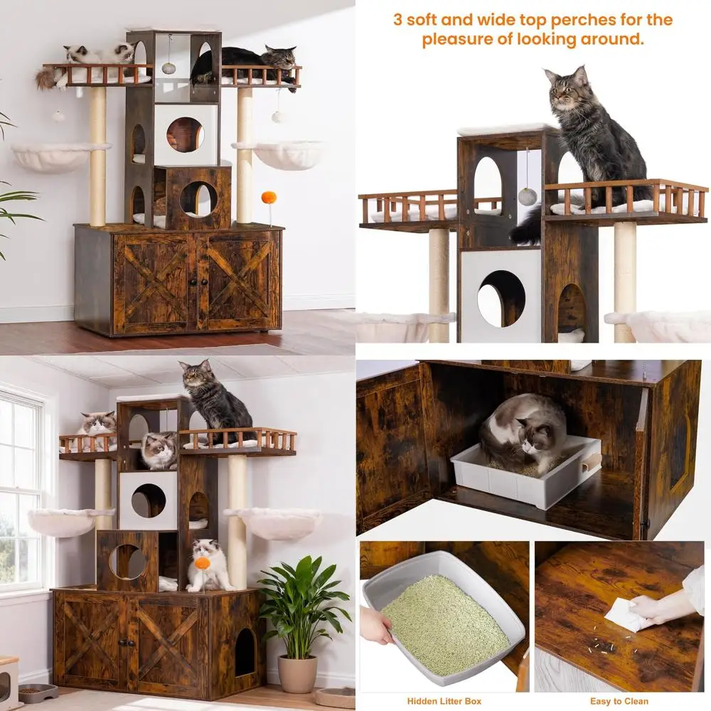 

Когтеточка-домик для кошек с отсеком для туалета, усиленная конструкция для крупных кошек до 9 кг, деревенский коричневый цвет, с когтеточками