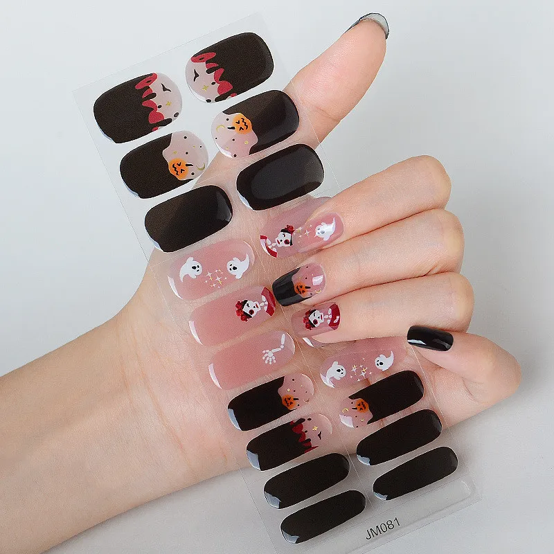 20 Tips Halloween Semi-cured Gel Nail Sticker UV Lamp Needed Full Cover Nail Gel Polish Wraps Manicure Press on Nails Decal