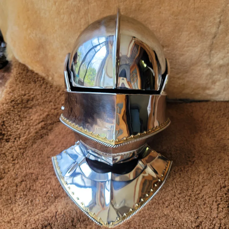 -Medieval Chagotrell helmet AS stainless steel gothic helmet with integrated throat armor