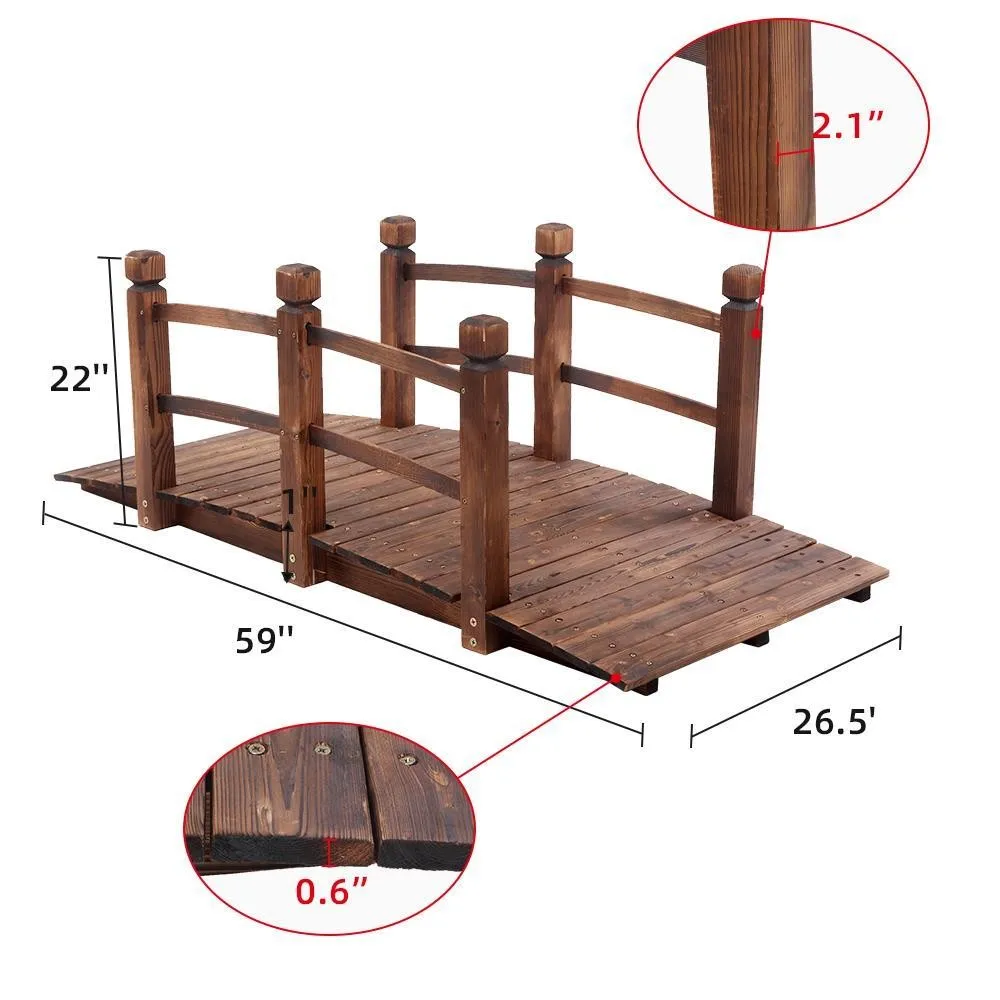 5 ft (59 in) Wooden Garden Bridge / Garden Stream Yard Walkway w/ Double Rails
