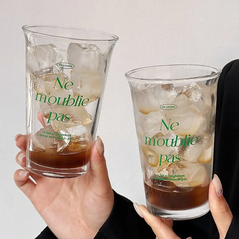 

Green Letter Glass Cup, Large Capacity Breakfast Milk Cup, Coffee Cup, High Appearance Drinking Cup, Simple Design