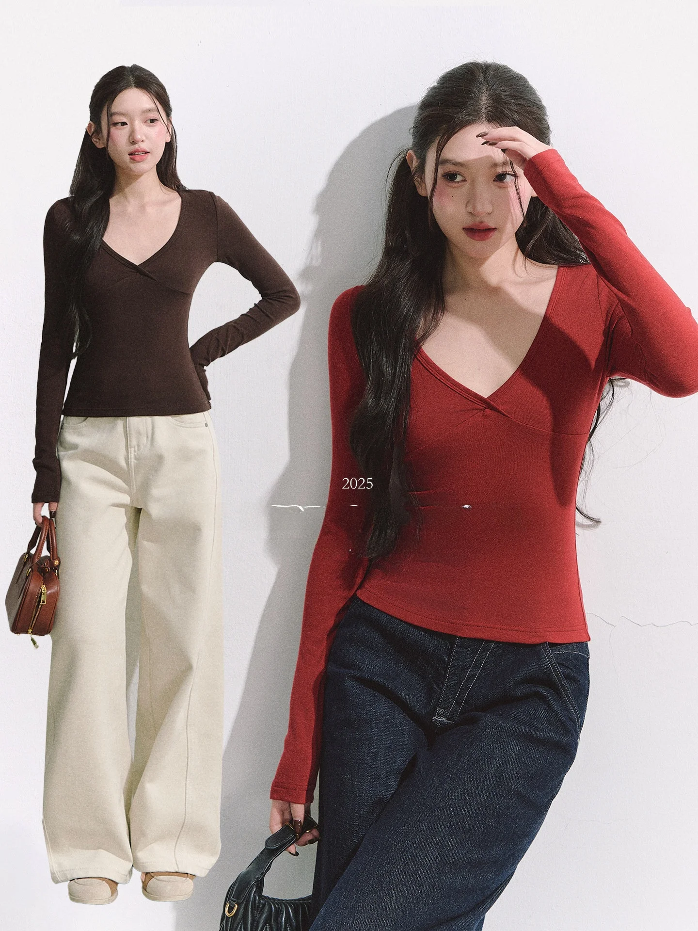 

Женский топ OIOI E: приталенный, с глубоким V-образным вырезом, разрезом, эластичный, повседневный, весенний, ранний сезон