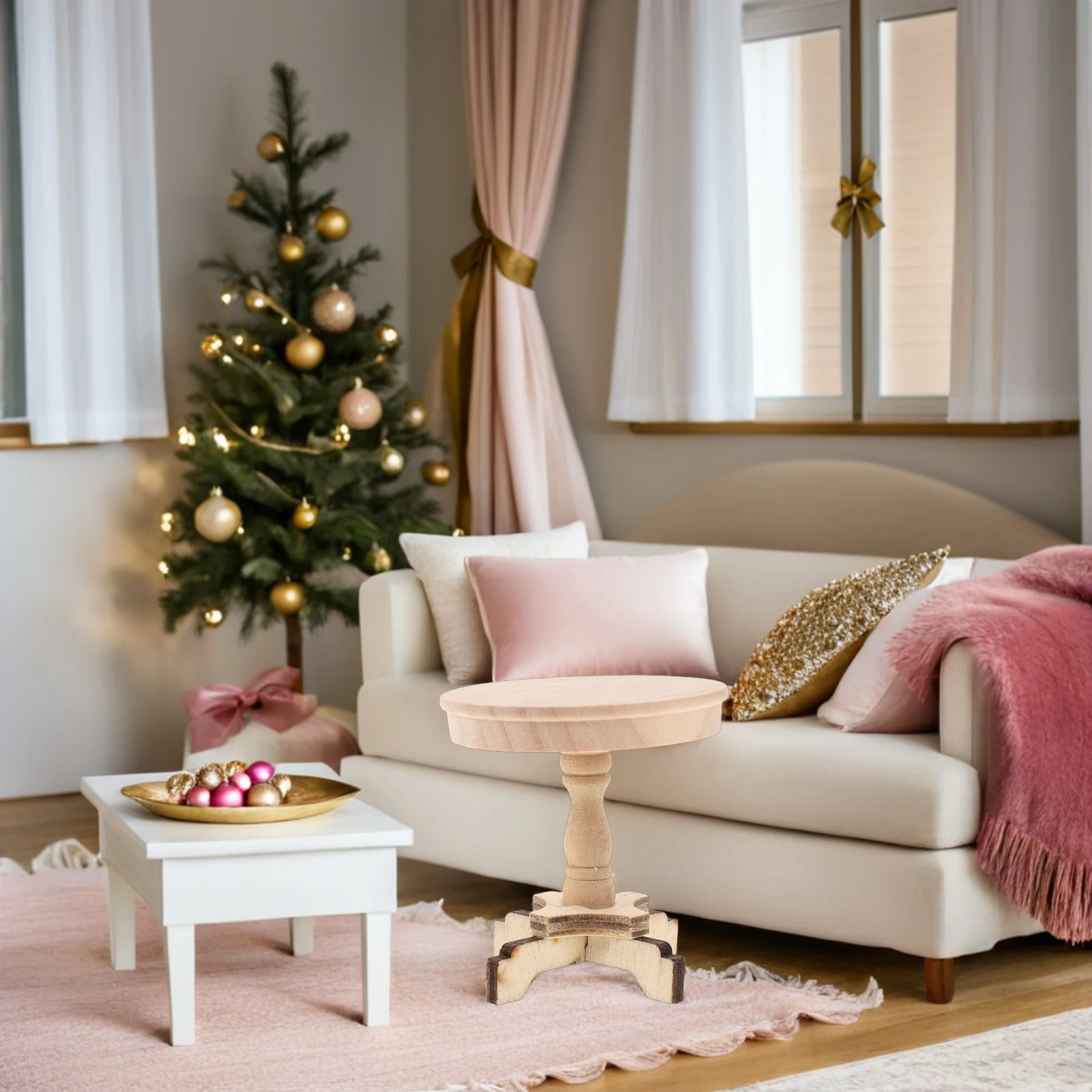 2Pcs Wooden Round Tea Table Miniature 1:12 Scale Small Coffee Table Natural Finish Dollhouse Furniture Accessories