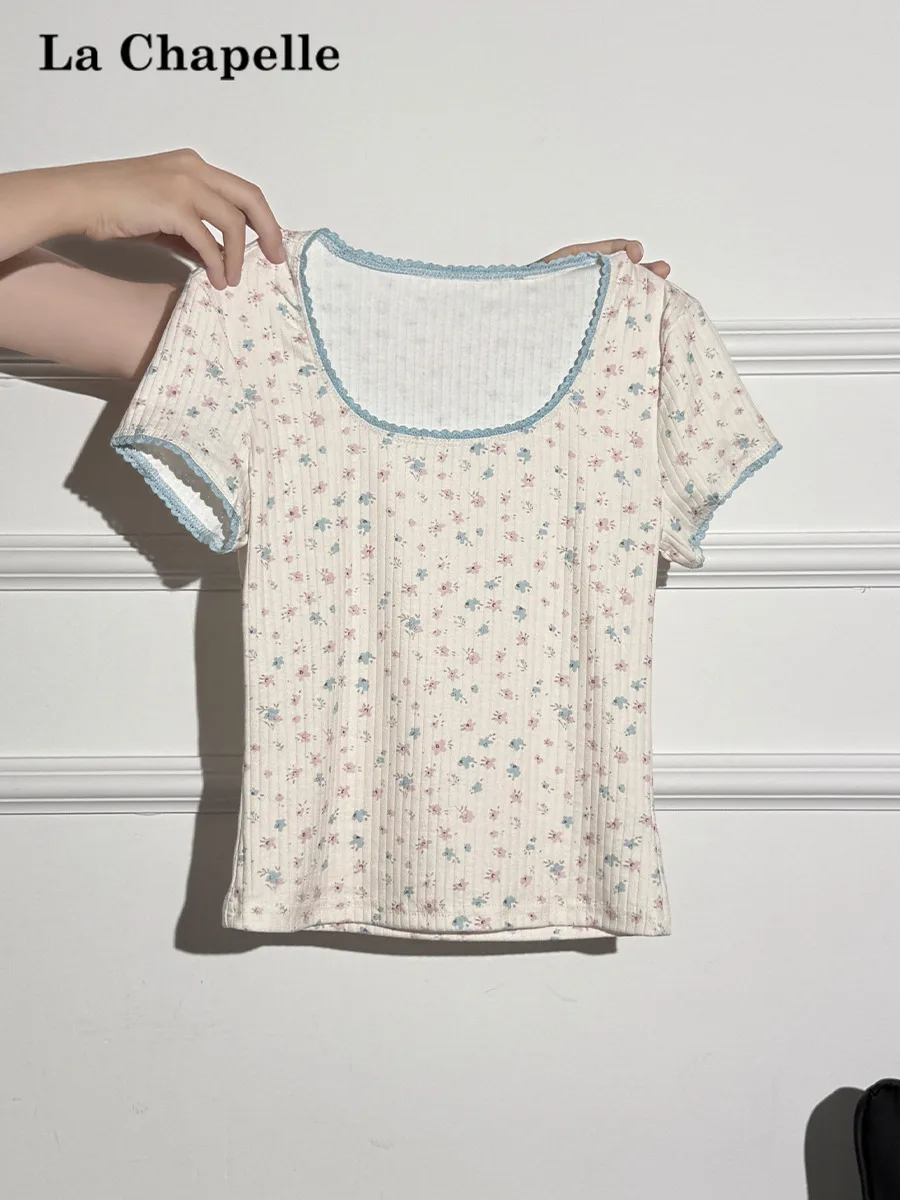 

La Chapelle Floral Print BM Sle Square Collar ort Sve Slim Fit T-irt Women's Summer Sweet And Spicy Pure Desire Top