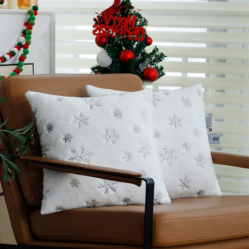 

White Cushion Cover Silver Christmas Home Decorative Plush Pillow Cover Christmas Supplies for Living Room 45x45cm Snowflake