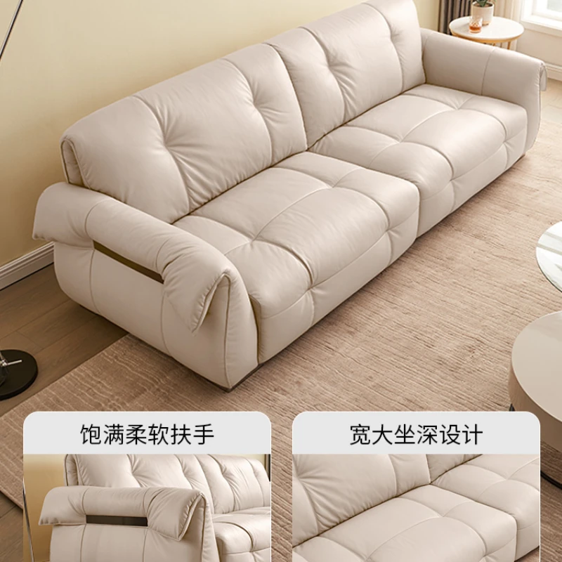 Genuine leather sofa, minimalist modern living room, small unit layout, straight row, large seat, deep cream style