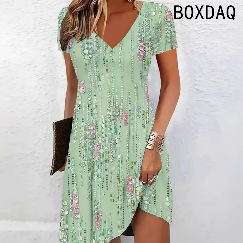 Summer Short Sleeves V-Neck Beach Party Dress 3D Colorful Floral Casual A-Line Dress Big Size 3XL Female Outdoor Dress Sundress