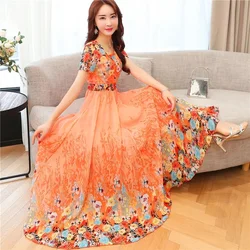 New Summer Maxi Dress Women Flowers Print Holiday Floral Boho Beach Evening Party Long Dress Female Chiffon Dresses Vestidos 5XL