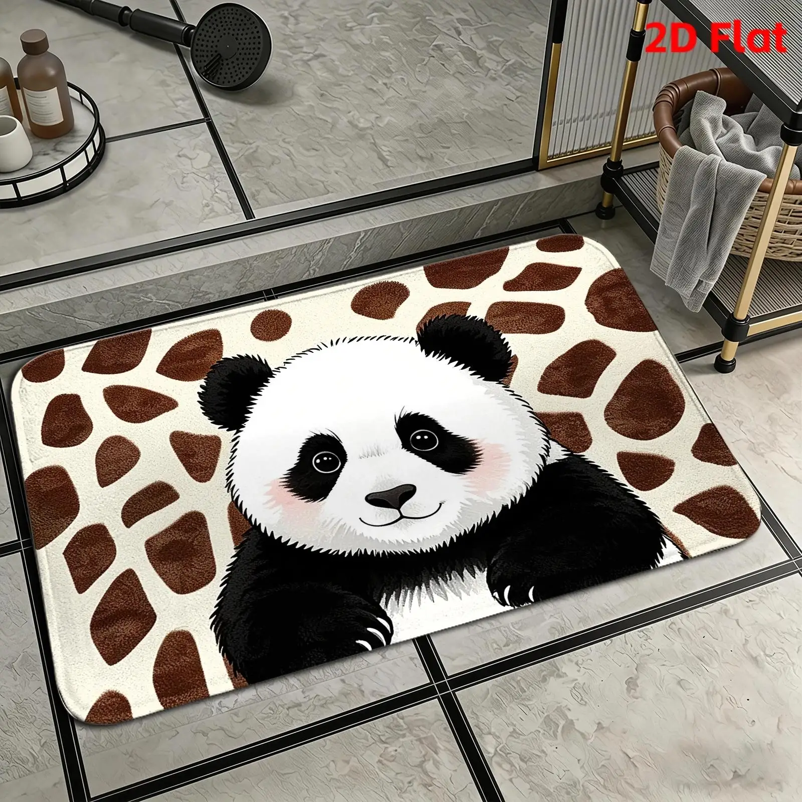 1pc 2D Flat Cute Panda Face Giraffe Print Pattern Flannel Bath Mat Non Slip Kawaii Animal Rug For Bathroom Kids Room Floor Decor