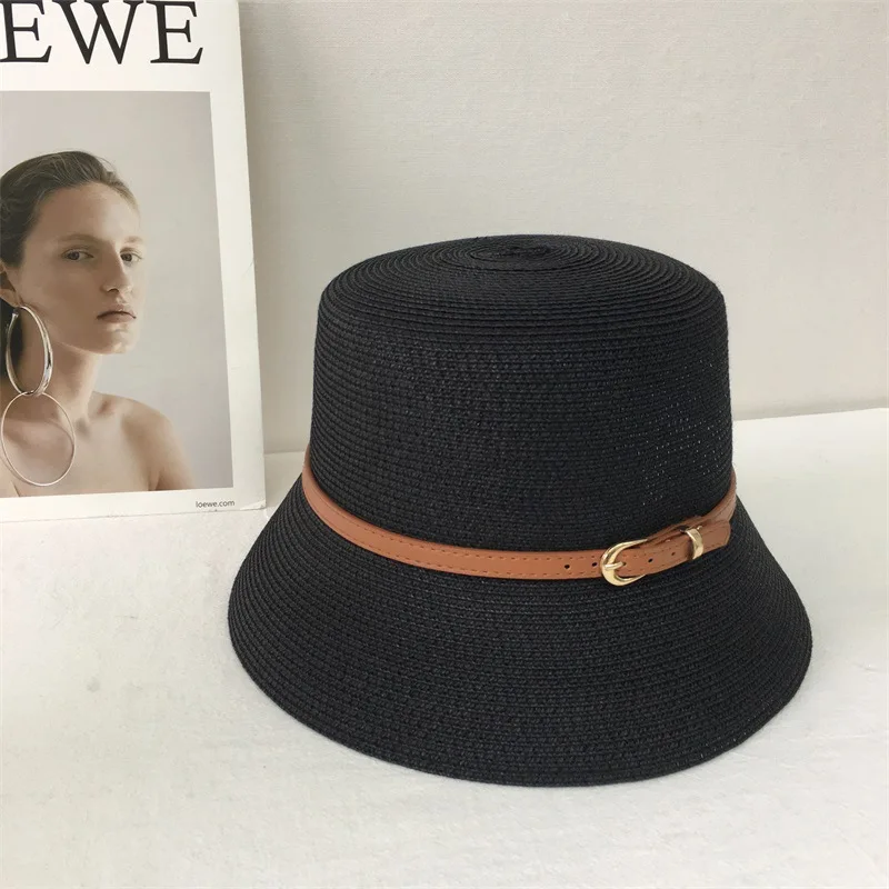 Summer straw woven breathable flat top bucket hat high quality Japanese lady wind belt buckle fashionable shade lamp hood hat