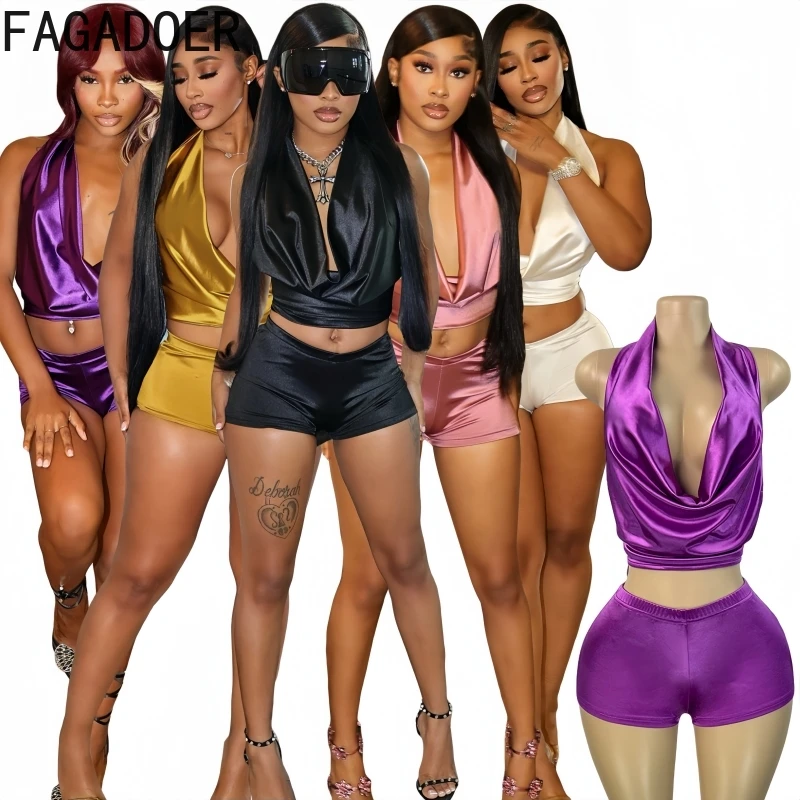 

FAGADOER Sexy 2 Pieces Set for Woman Spaghetti Strap Deep V-neck Backless Crop Top + Shorts Matching Suit Female Streetwear New