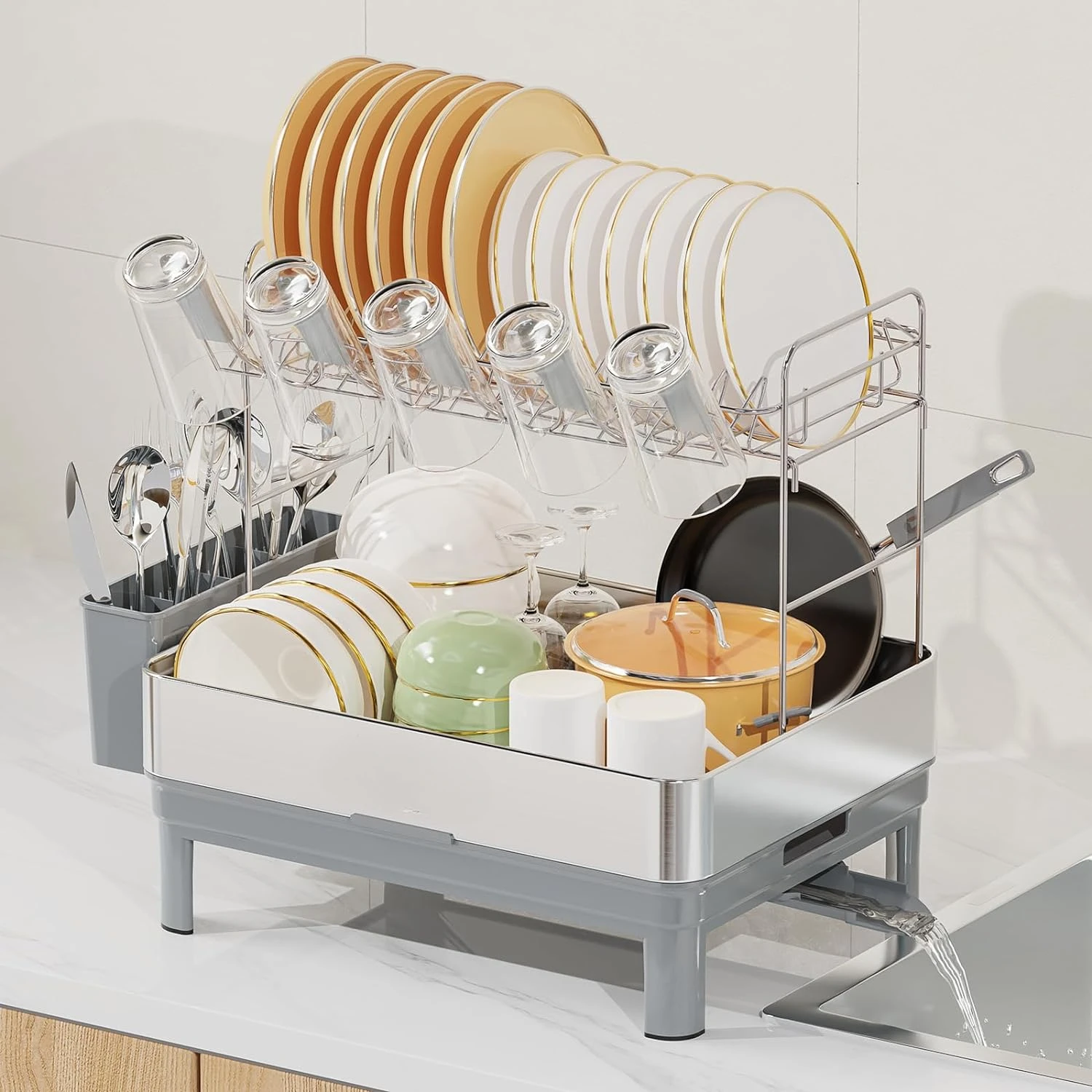 Dish Drying Rack,304 Stainless Steel 2 Tier Durable Dish Drainer,Auto-Drain Dish Strainers for Kitchen Counter