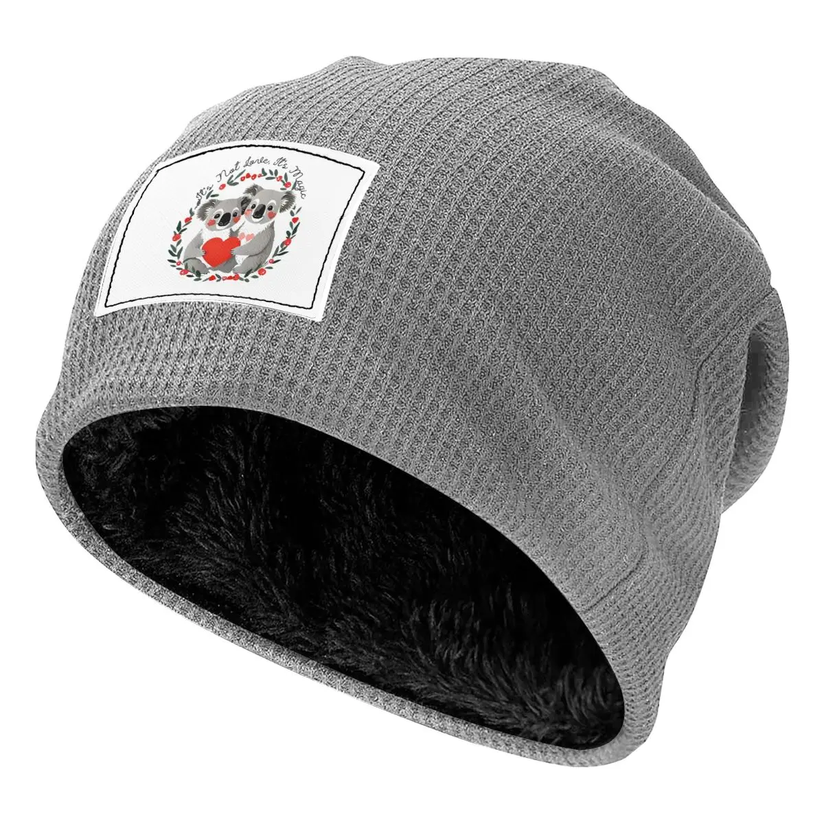 Quirky Valentine's Day Merch Love Redefined Koala Bear Waffle Knit Fleece Lined Beanie with PU Leather Patch Winter Soft Cap