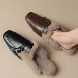 Flats Women Fur Slippers Square Toe Mules Shoes Short Plush Warm Shoes Winter 2025 Brand New Fashion Elegant Zapatillas Mujer