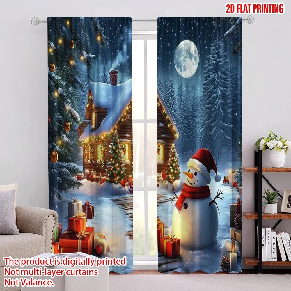 

2pcs 2D flat printing Christmas Drapes Holiday Snowman Machine Washable Polyester Without Electricity Festive Holiday for
