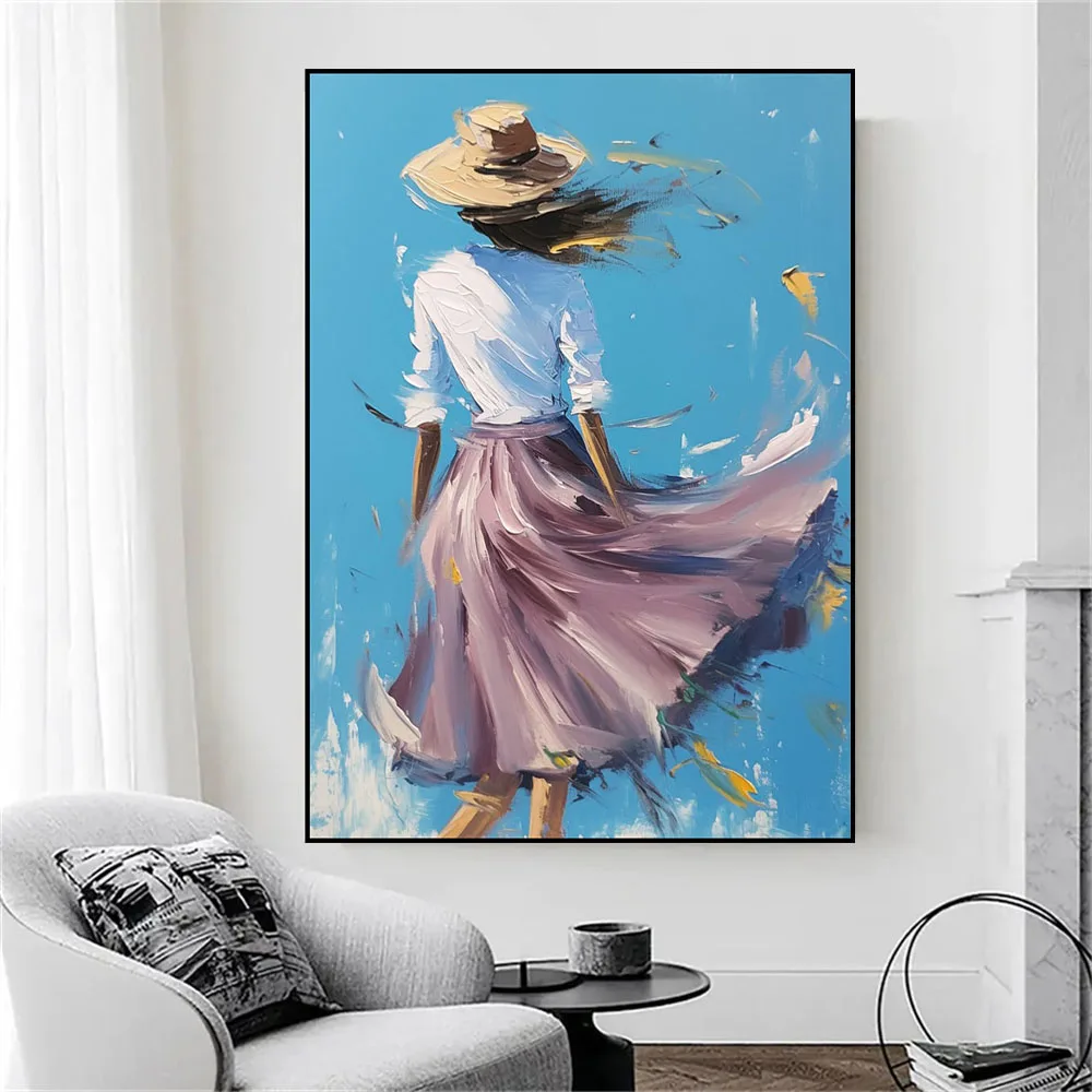 

Pure Hand Drawn Blue Dynamic Girl's Back Oil Painting On Canvas For Home Decoration, Living Room Corridor Wall Hanging Painting