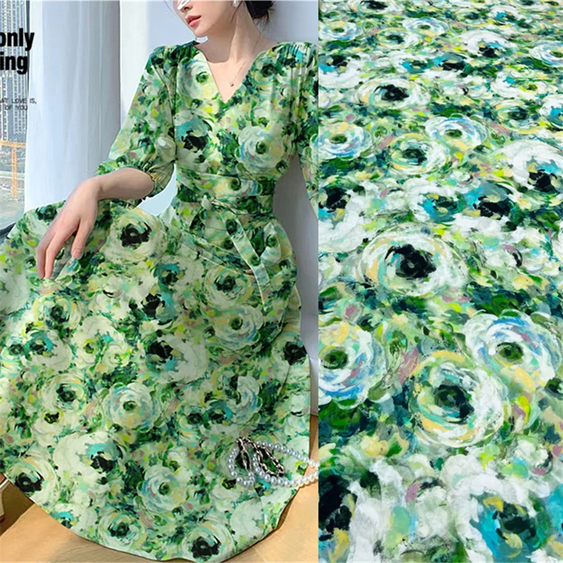 

Cool and Breathable Summer Oil Painting, Rose Green Printed Crepe Fabric, High-end Handmade Sewing Clothing Mulberry Silk Fabric