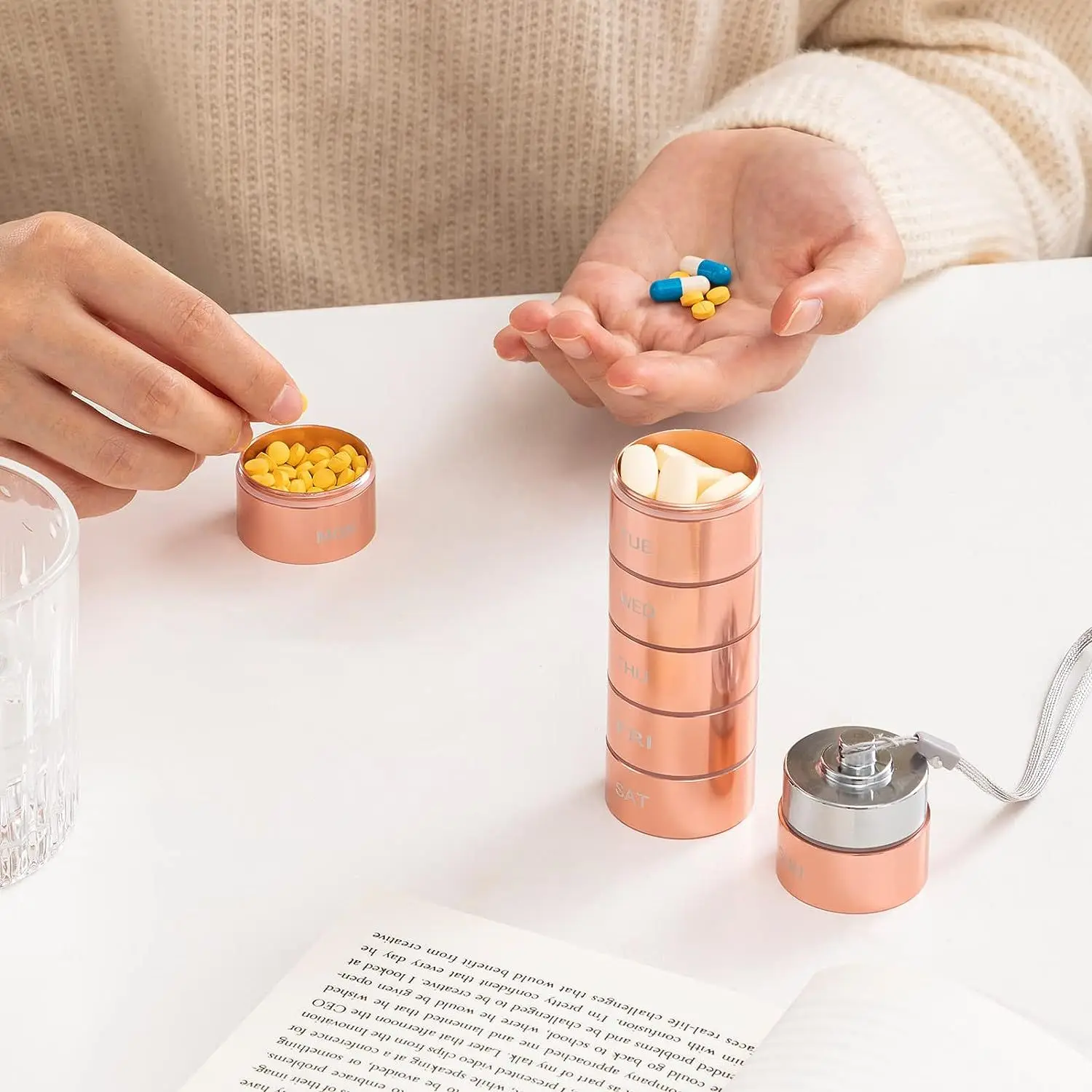 

Aluminum Pill Organizer with Waterproof Seal Portable Medicine Storage Case with Rotating Lock for Travel Outdoor Daily Use