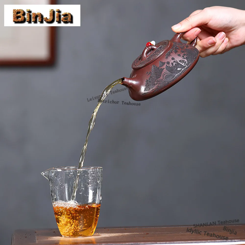 220ml Vintage Yixing Purple Clay Teapots Handmade Panda Bamboo Stone Scoop Pot Raw Ore Stone Red Mud Kettle Zisha Tea Set Gift