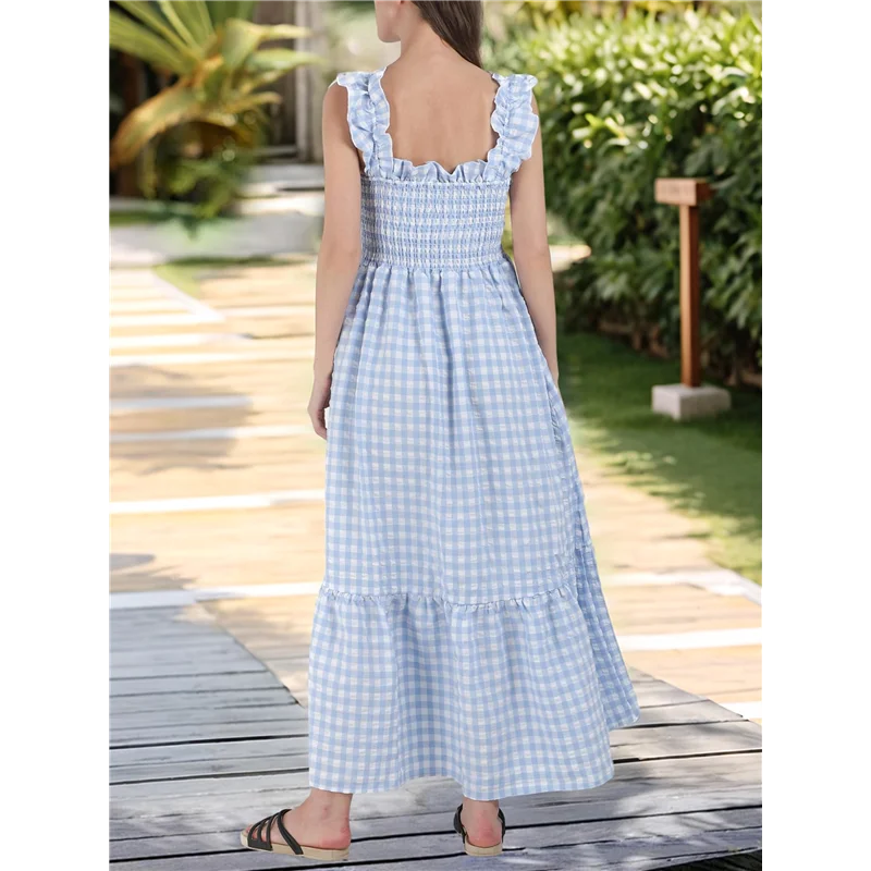 FX-Abito lungo da donna con volant scozzese retrò e cinturino per spaghetti