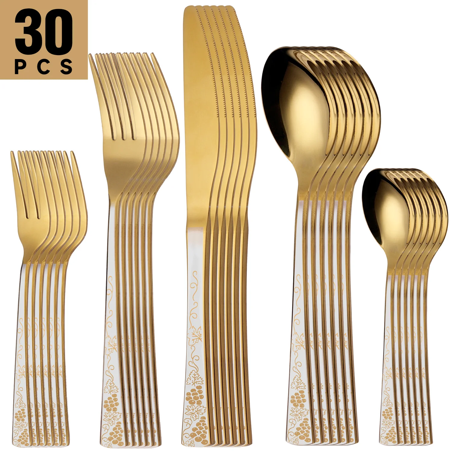 4/5/6/24/30/36 piece stainless steel tableware set, gold silverware knife, fork, spoon, grape pattern, party, hotel reuse