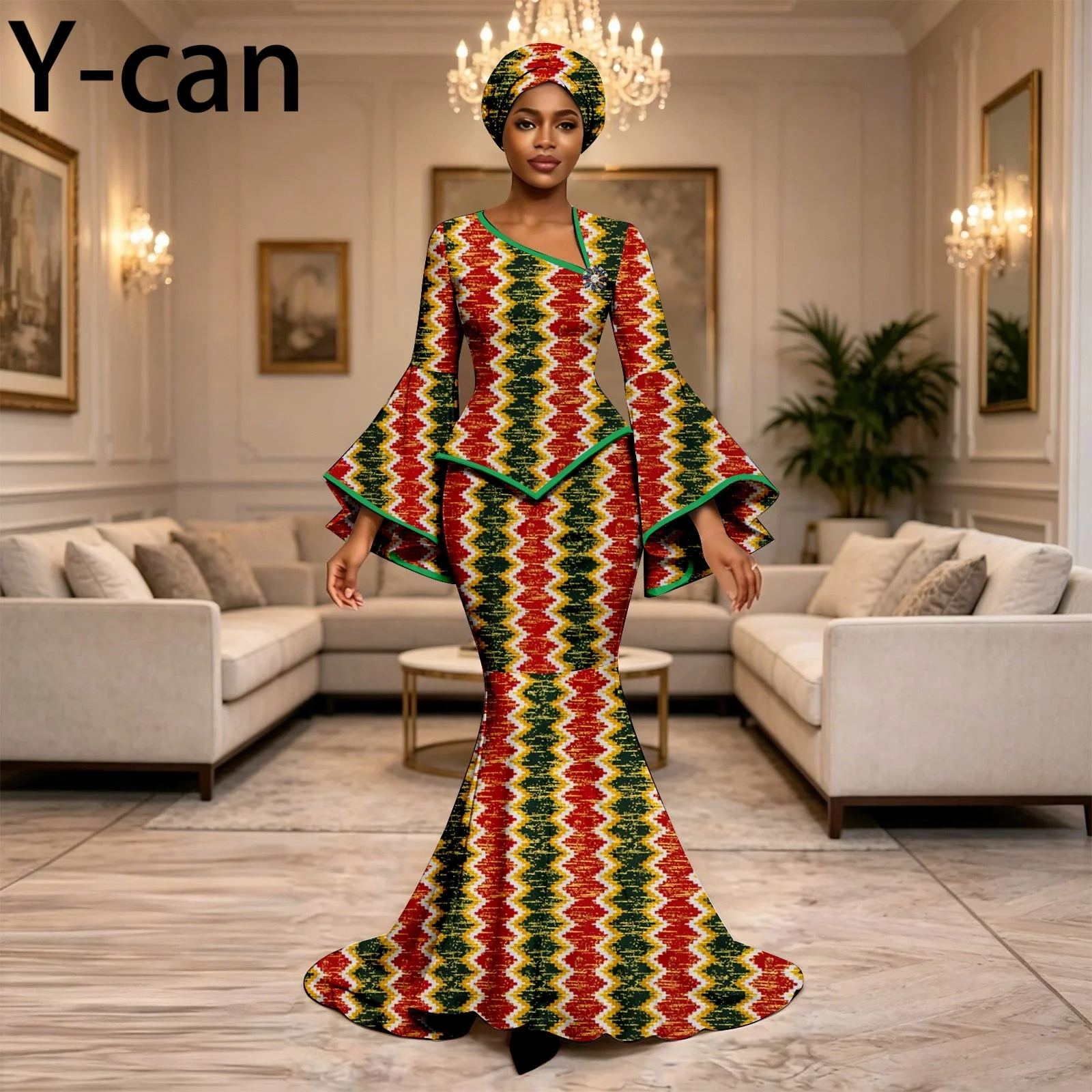 African Fashion Women's Elegant Dress Luxury V-neck Flared Sleeve Women's Fitting Gown with Turban for Party Evening 2626046