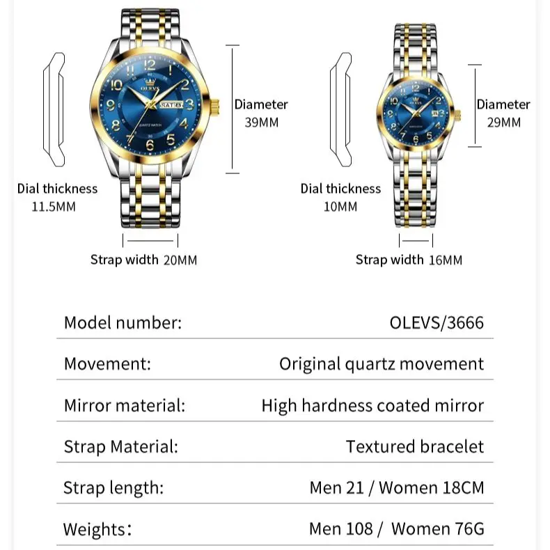 OLEVS 3666 Couple Watch Luxury Brand Quartz Watch Waterproof Watch Lover Gift Night Light Classic Date Week Clock His Her Watch