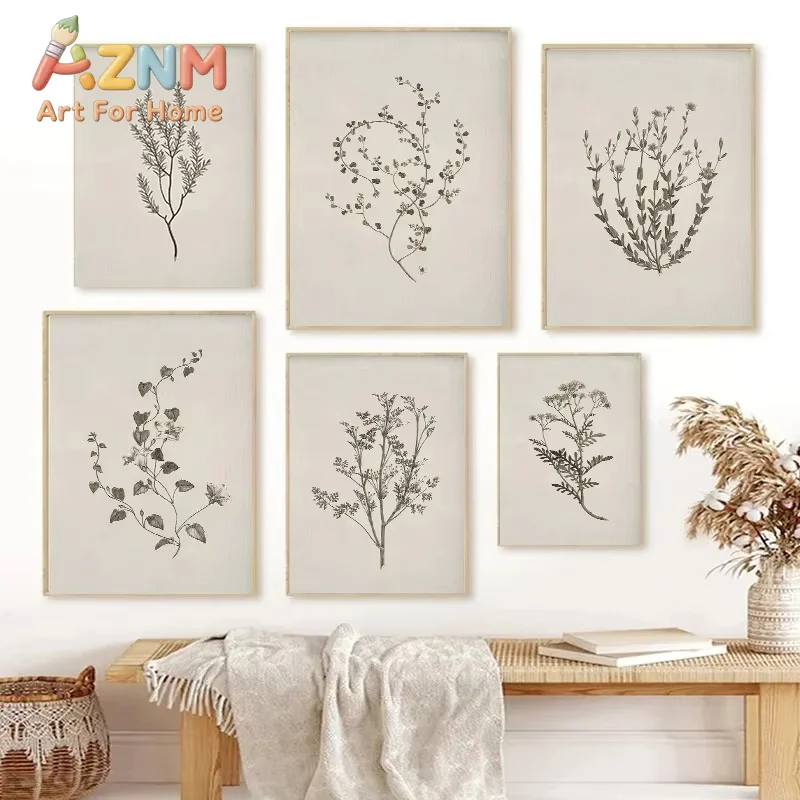 AZNM Vintage Botanical Flower Poster Print Beige Tones Floral Blossom Canvas Painting Wall Art Picture Living Room Home Decor