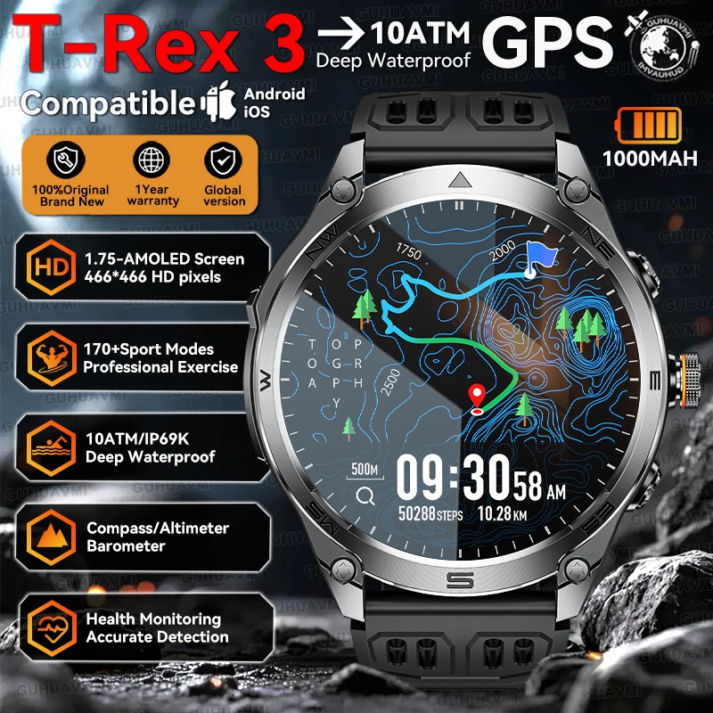 

2025 New Military T-Rex 3 GPS Sports SmartWatch Compass Altimeter 10ATM Waterproof 1000mAh Battery Bluetooth Call Smartwatch Men