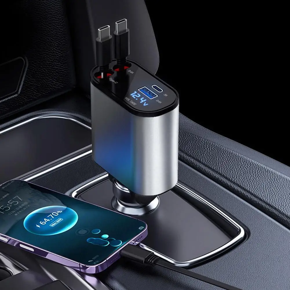 100w 4 IN 1 Retractable Car Charger USB Type C Cable For IPhone Huawei Samsung Fast Charge Cord Cigarette Lighter Adapter