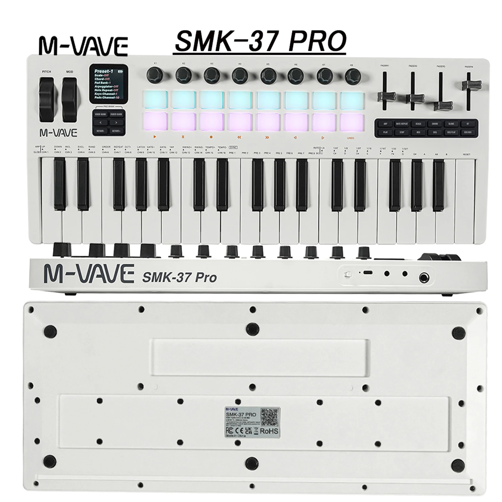 

M-VAVE SMK-37 PRO 37-клавишный USB-белый MIDI-контроллер с 16 RGB-портами поддерживает работу программного обеспечения для WINDOWS MAC IOS Android
